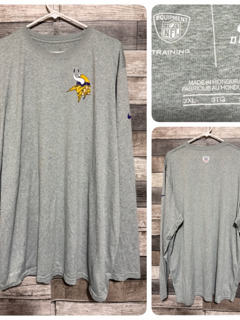 Nike Dri Fit Minnesota Vikings Long Sleeve T-Shirt Men’s 3XL Gray Lightweight